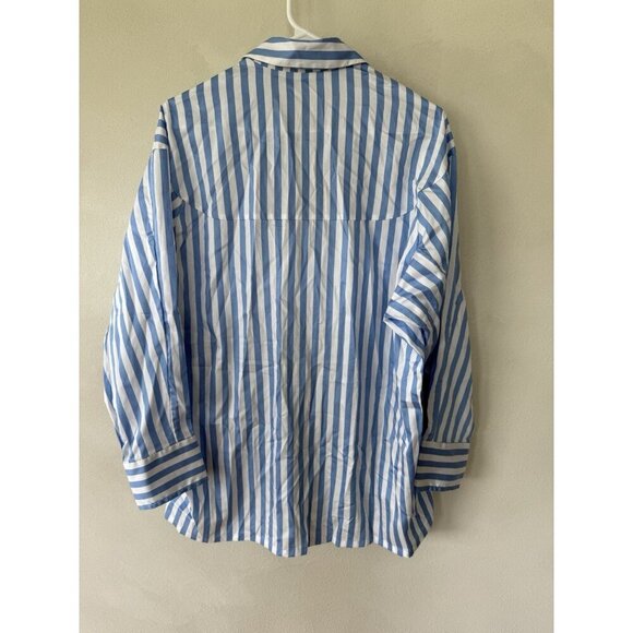 J McLaughlin womens Large L lightweight Button Up SHIRT blue white striped T Top - Picture 2 of 4